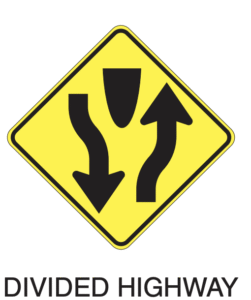 warning sign, divided highway, biển báo giao thông ở mỹ 