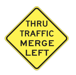 warning sign, through traffic mearge left, biển báo giao thông dmv ở mỹ