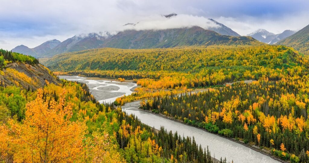 Dòng sông chảy qua rừng mùa thu và núi tại Alaska