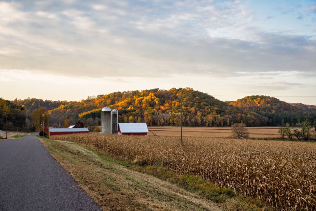 Nông trại và tháp chứa giữa cây lá mùa thu ở Ella, Wisconsin